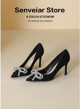 水钻高跟鞋休闲时尚细跟蝴蝶结2024春秋新款黑色气质名媛水钻单鞋