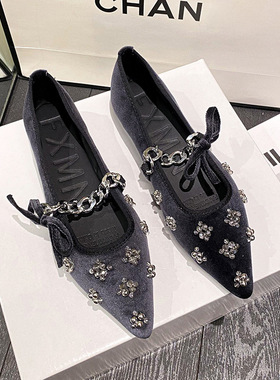 法式玛丽珍单鞋女尖头平底2024新款一字带春季鞋子气质黑色晚晚鞋