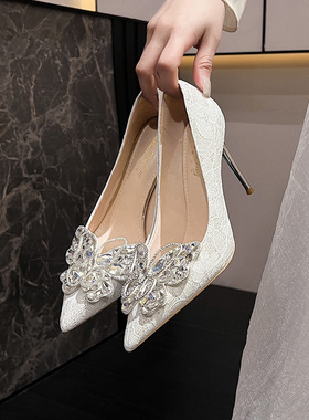 白色婚鞋细跟尖头蝴蝶结水晶网纱时尚欧美法式配裙子高跟鞋百搭女
