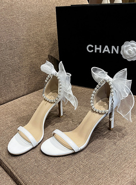 2024夏季新款圆头凉鞋珍珠一字扣带白色蝴蝶结高跟鞋仙女风女婚鞋