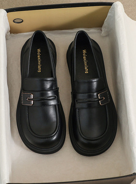 黑色乐福鞋女2024年时尚厚底圆头复古显瘦小皮鞋英伦风粗跟单鞋女