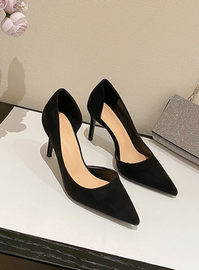 2024年新款黑色侧空高跟鞋女职业绒面尖头工作鞋气质职业软皮单鞋