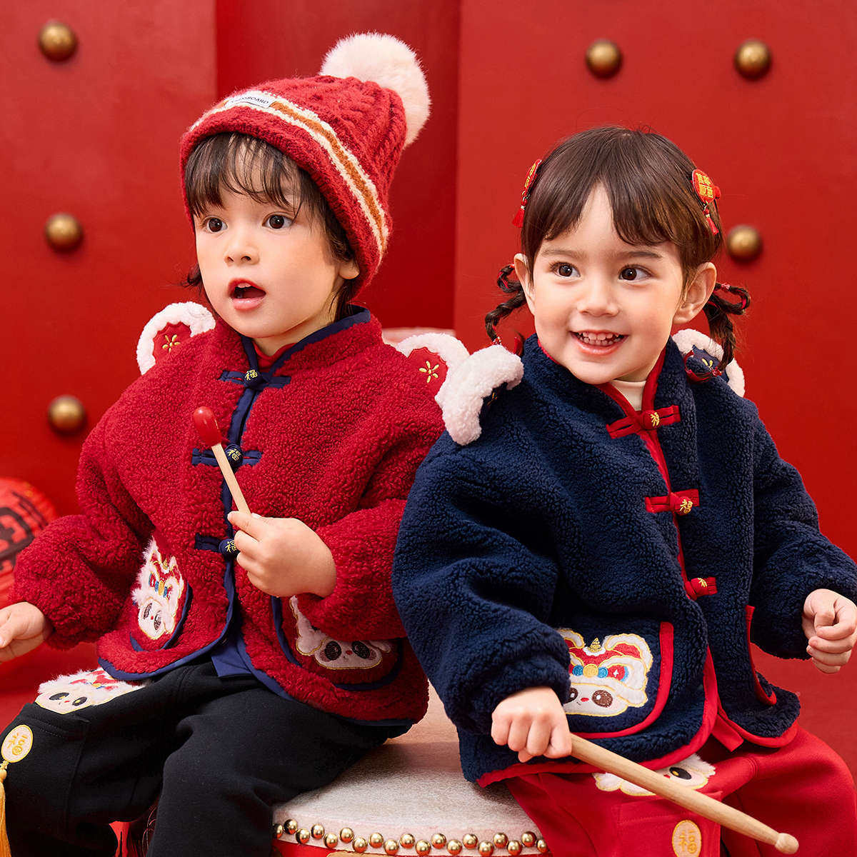 嘟嘟家男童外套红色冬新年宝宝拜年服新中式女童周岁礼服儿童唐装