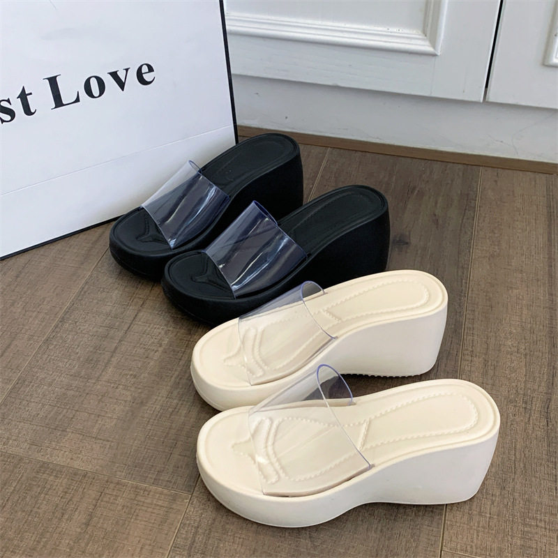 时尚高跟透明一字拖坡跟凉拖鞋女夏外穿防滑松糕厚底7.5高跟鞋女