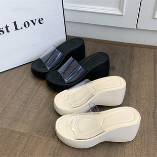 时尚高跟透明一字拖坡跟凉拖鞋女夏外穿防滑松糕厚底7.5高跟鞋女