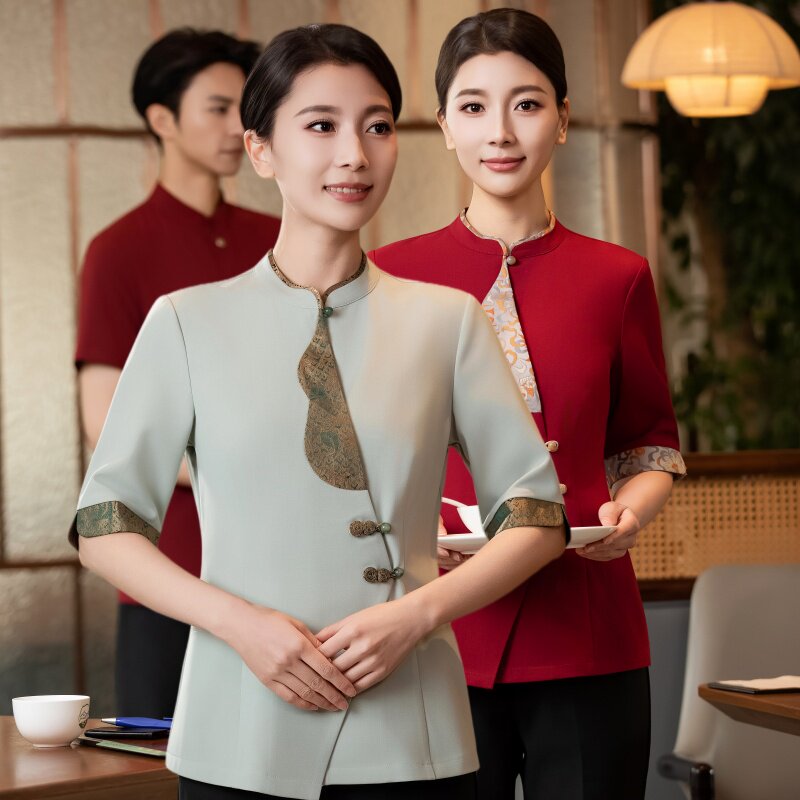 服务员工作服短袖高端中式酒店餐厅餐饮茶楼饭店火锅店夏装定制女