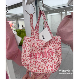 韩国代购小众emis 字母刺绣薄款棉质 豹纹印花手提包菜篮子