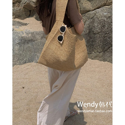 韩国代购小众设计师 archivepke 单肩大容量草编包托特包