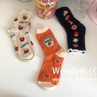 可爱薯条番茄 6双 女款 韩国代购 棉质中筒袜女袜 包邮