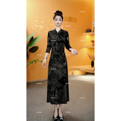 弹力缎面三粒扣改良旗袍连衣裙