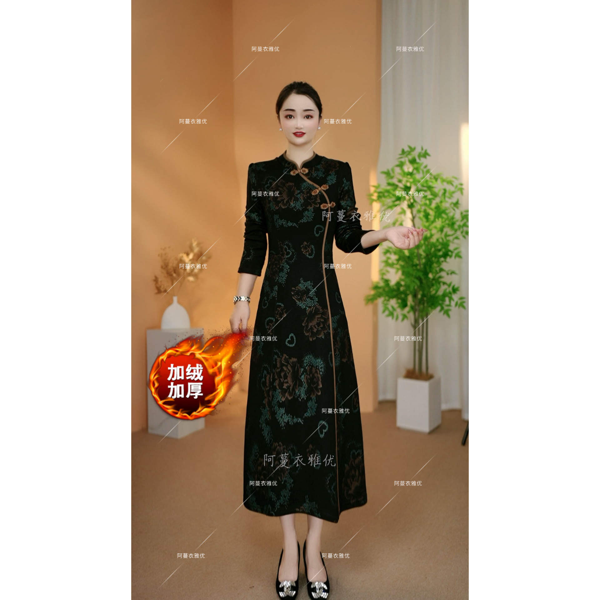 加绒加厚旗袍连衣裙女
