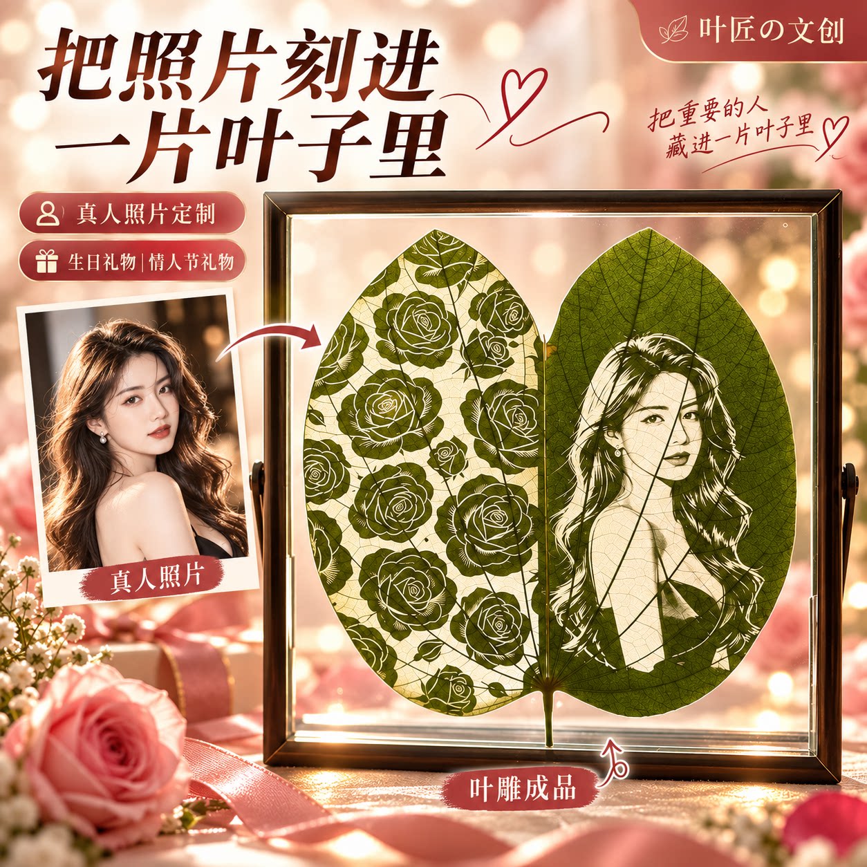 树叶雕刻定制照片送男女朋友生日礼物结婚纪念日闺蜜教师节叶雕