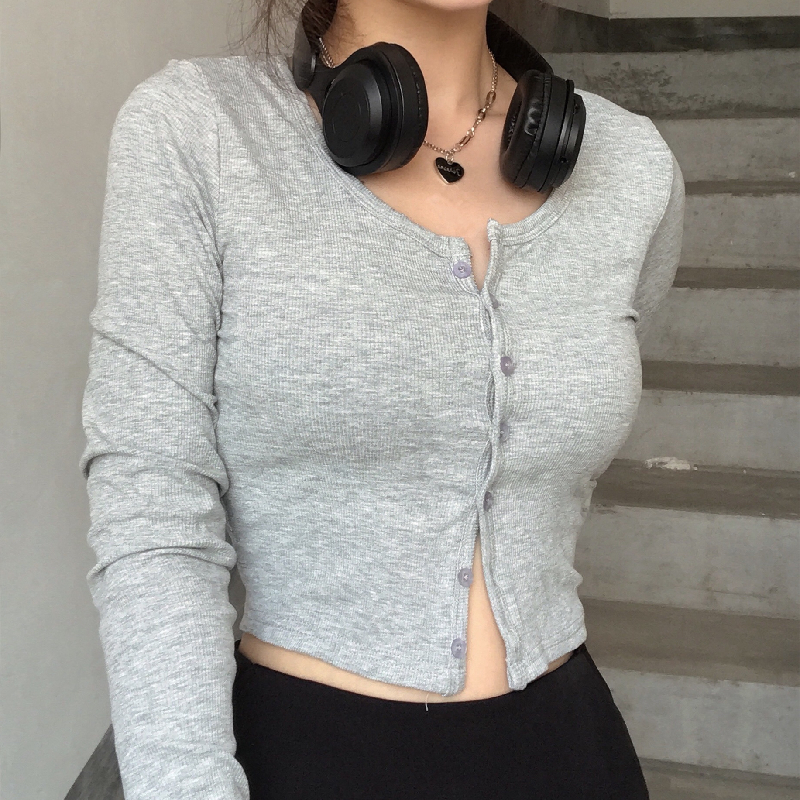 时尚纯色U领长袖针织衫上衣