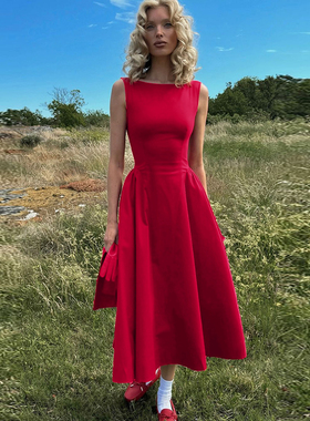 莎莎Elsahosk同款无袖连衣裙2026夏季穿搭赫本风气质收腰显瘦长裙