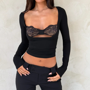 上衣2026春季 T恤 新款 显瘦短款 潮 辣妹修身 黑色蕾丝蝴蝶结镂空长袖