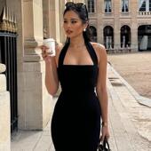 法式 包臀开叉长裙 辣妹修身 纯色高级感挂脖抹胸连衣裙2026夏季 新款