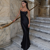 辣妹修身 黑色缎面高级感大露背绑带连衣裙2026夏季 新款 气质晚礼服