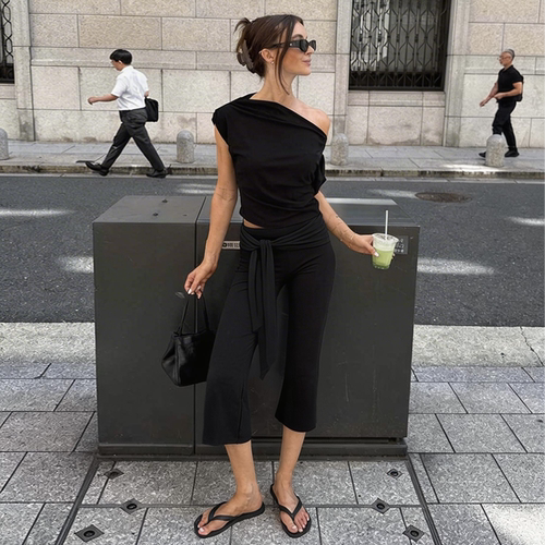 法式松弛感绑带微喇七分裤