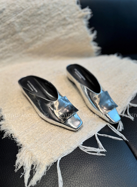 YUSI法式气质真皮包头半拖鞋女夏季金属扣方头内增高外穿穆勒拖鞋