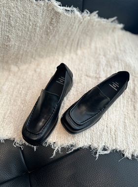 YUSI雨丝头层牛皮韩版乐福鞋女黑色方头一脚蹬单鞋简约复古小皮鞋