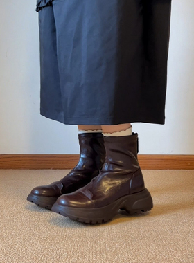 YUSI雨丝家~显腿长~真皮弹力瘦瘦靴子厚底短靴女时尚百搭切尔西靴