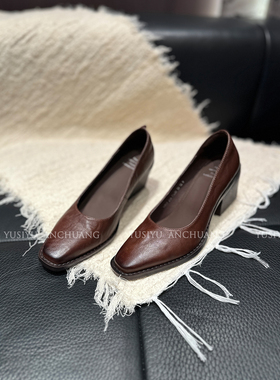 YUSI老钱风静音底全真皮浅口单鞋女春夏复古方头粗跟高跟鞋工作鞋