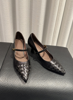 YUSI雨丝家~气质优雅高跟鞋编织尖头一字扣玛丽珍鞋浅口单鞋6.5cm