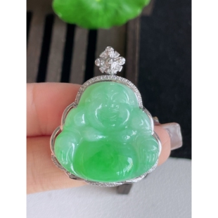 缅甸天然老坑翡翠a货18k金冰种满绿佛公翡翠吊坠玉挂件