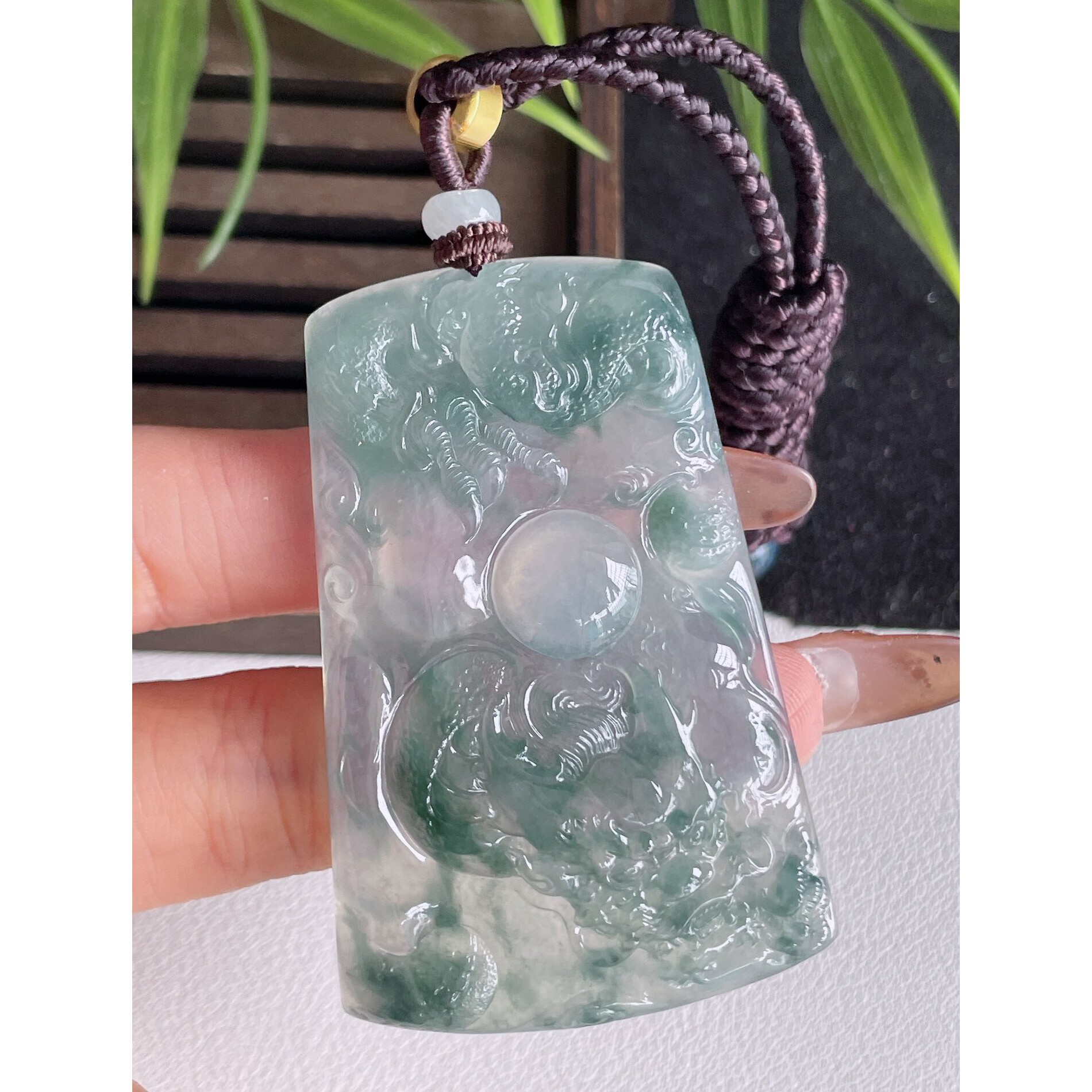 天然缅甸老坑翡翠a货18k金冰种飘花龙牌翡翠吊坠玉挂件