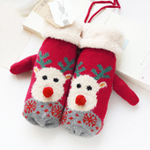 手套女冬季 可爱保暖加厚棉毛线针织防寒红色学生挂脖情侣圣诞礼物