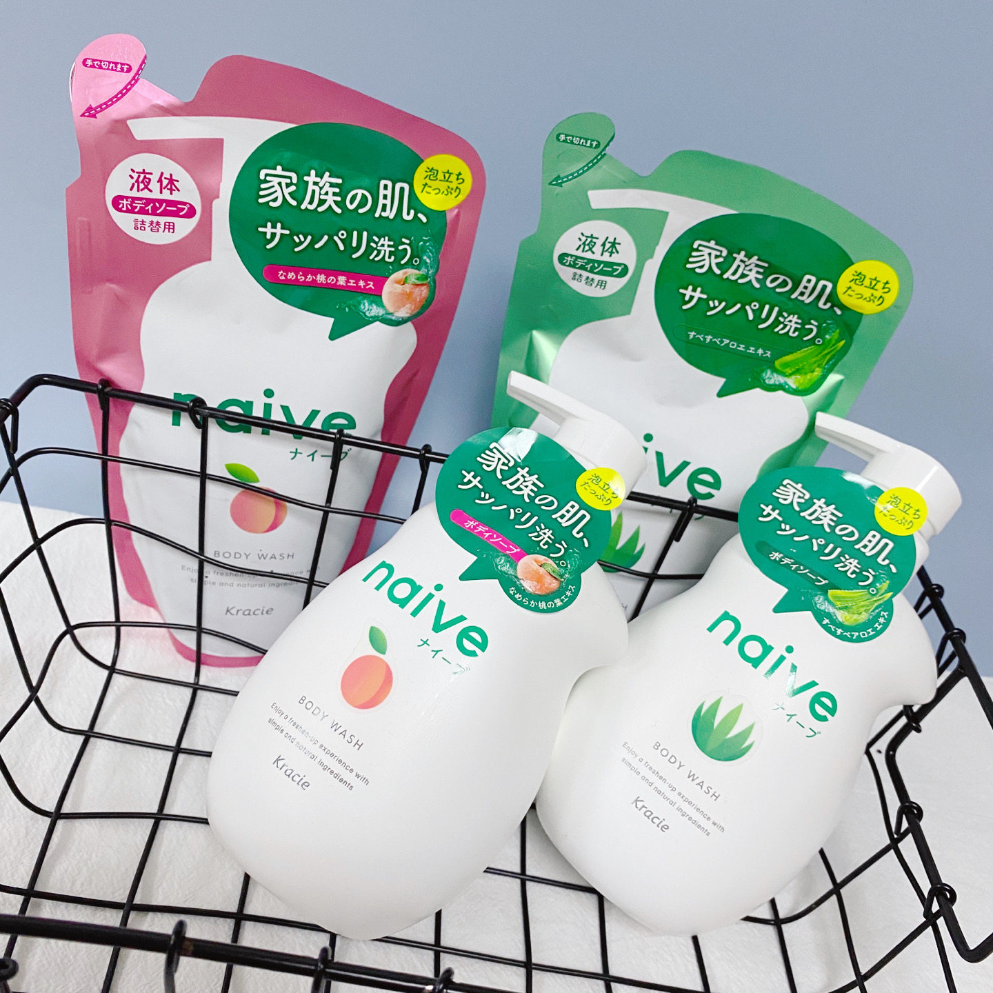 日本 肌美精嘉娜宝naive植物保湿沐浴露桃叶精华芦荟530ml