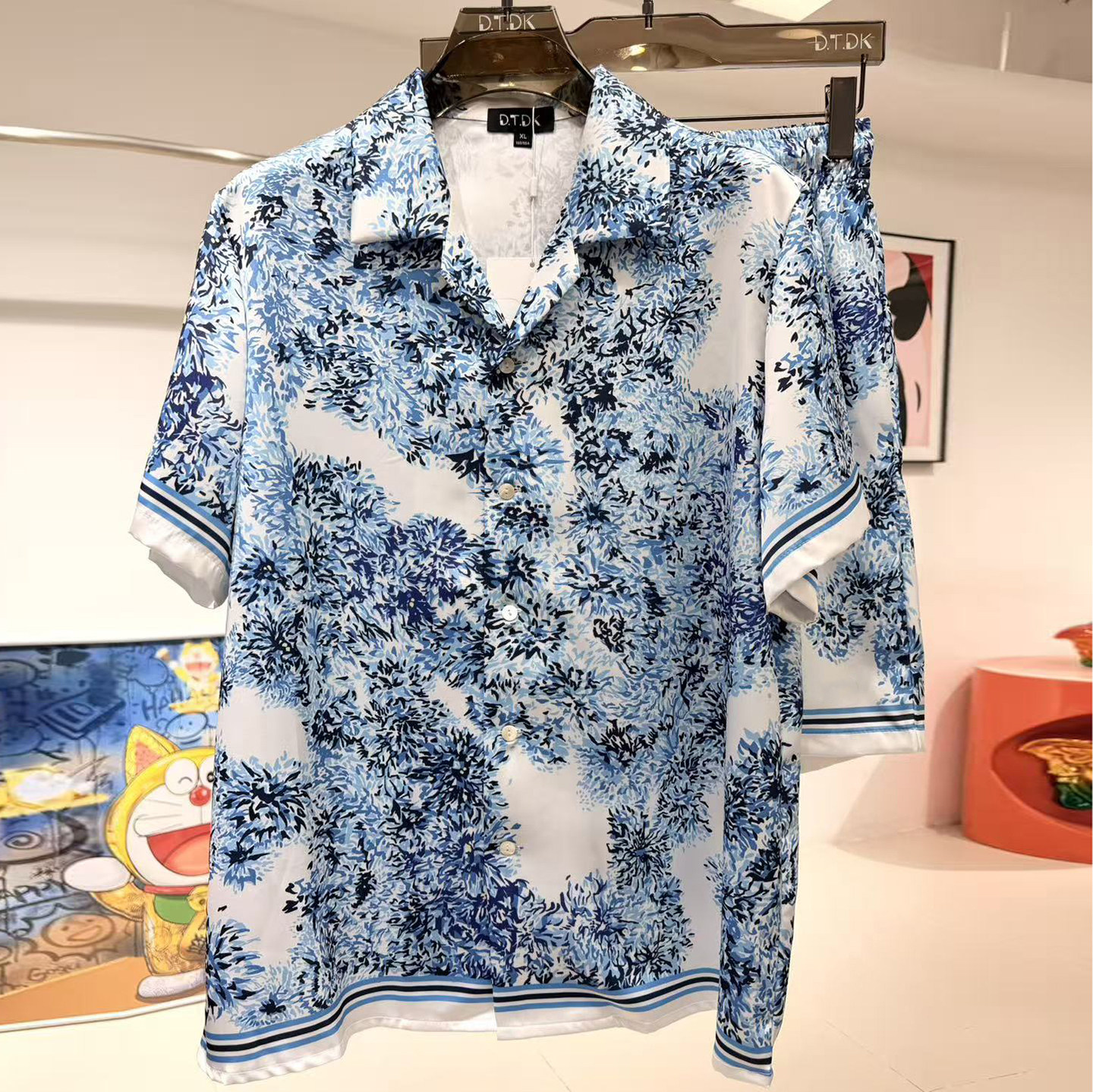 玫瑰贡缎睡衣男士新款夏季情侣高端度假风印花短袖家居服冰丝套装