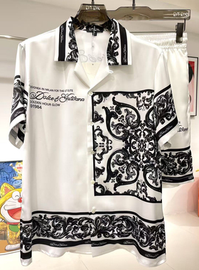 玫瑰贡缎睡衣男2026年夏季情侣高端假日风印花短袖家居服冰丝套装