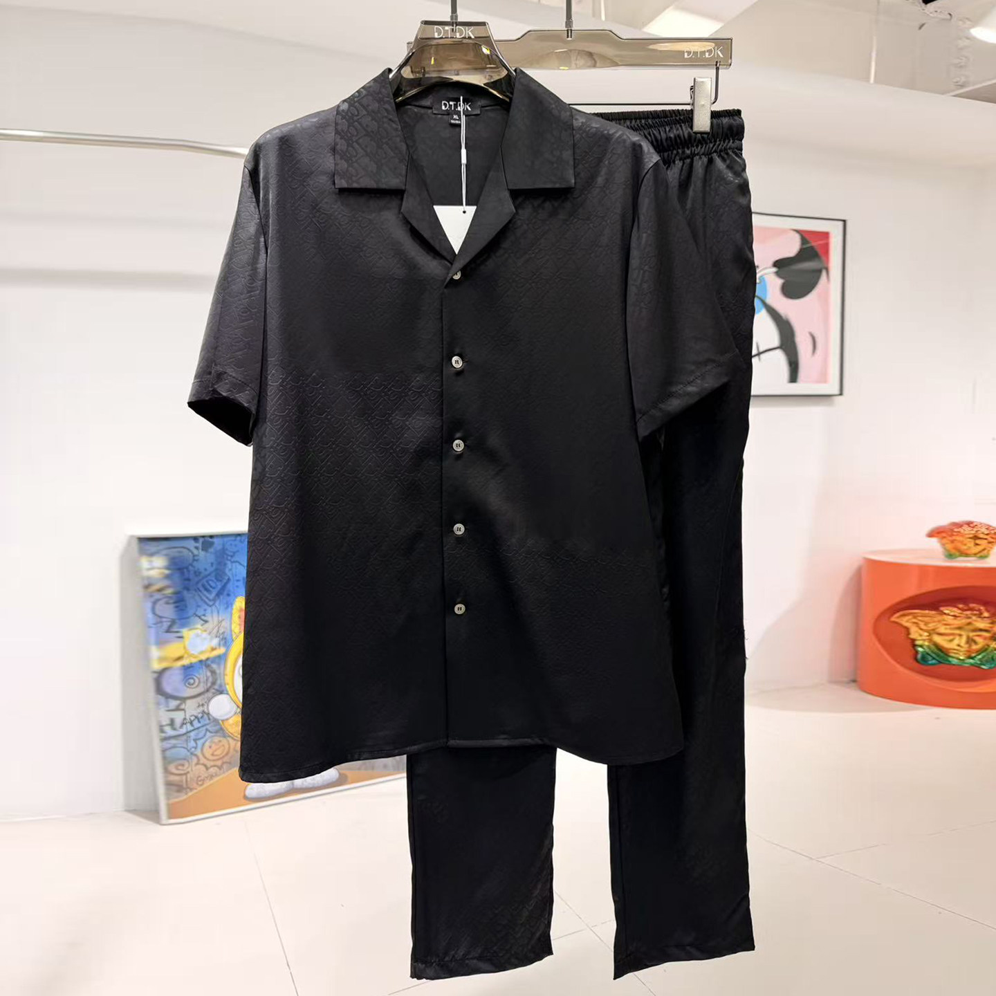 玫瑰贡缎睡衣男新夏季情侣高端宫廷风印花短袖长裤家居服冰丝套装