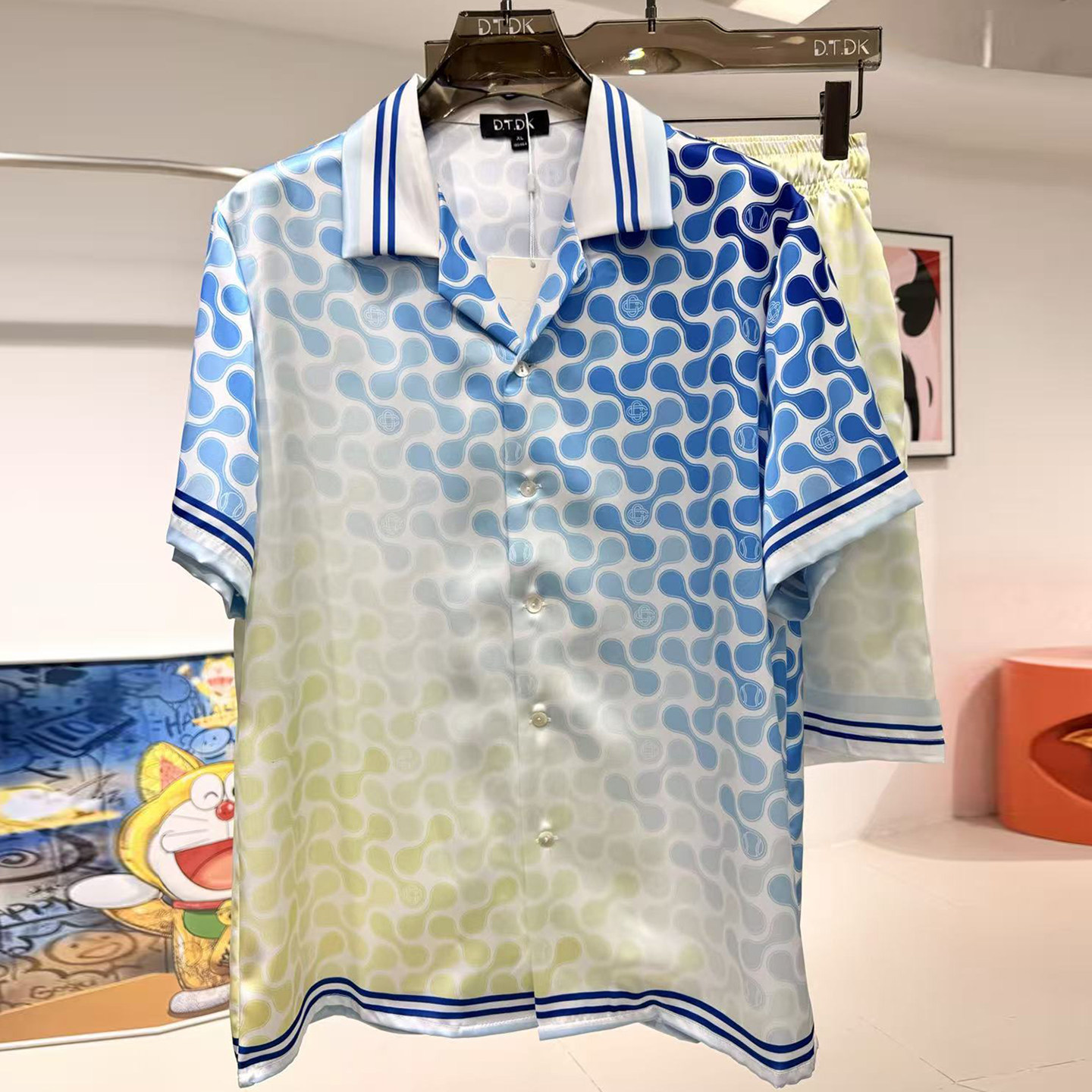 玫瑰贡缎睡衣男士新款夏季情侣高端度假风印花短袖家居服冰丝套装
