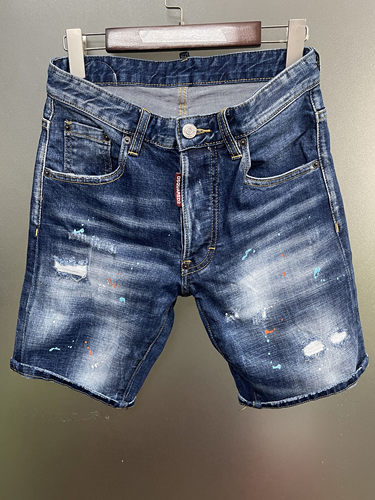 3004夏季Dsquared2牛仔裤男装牛仔短裤 时尚修身弹力油漆磨破刺绣