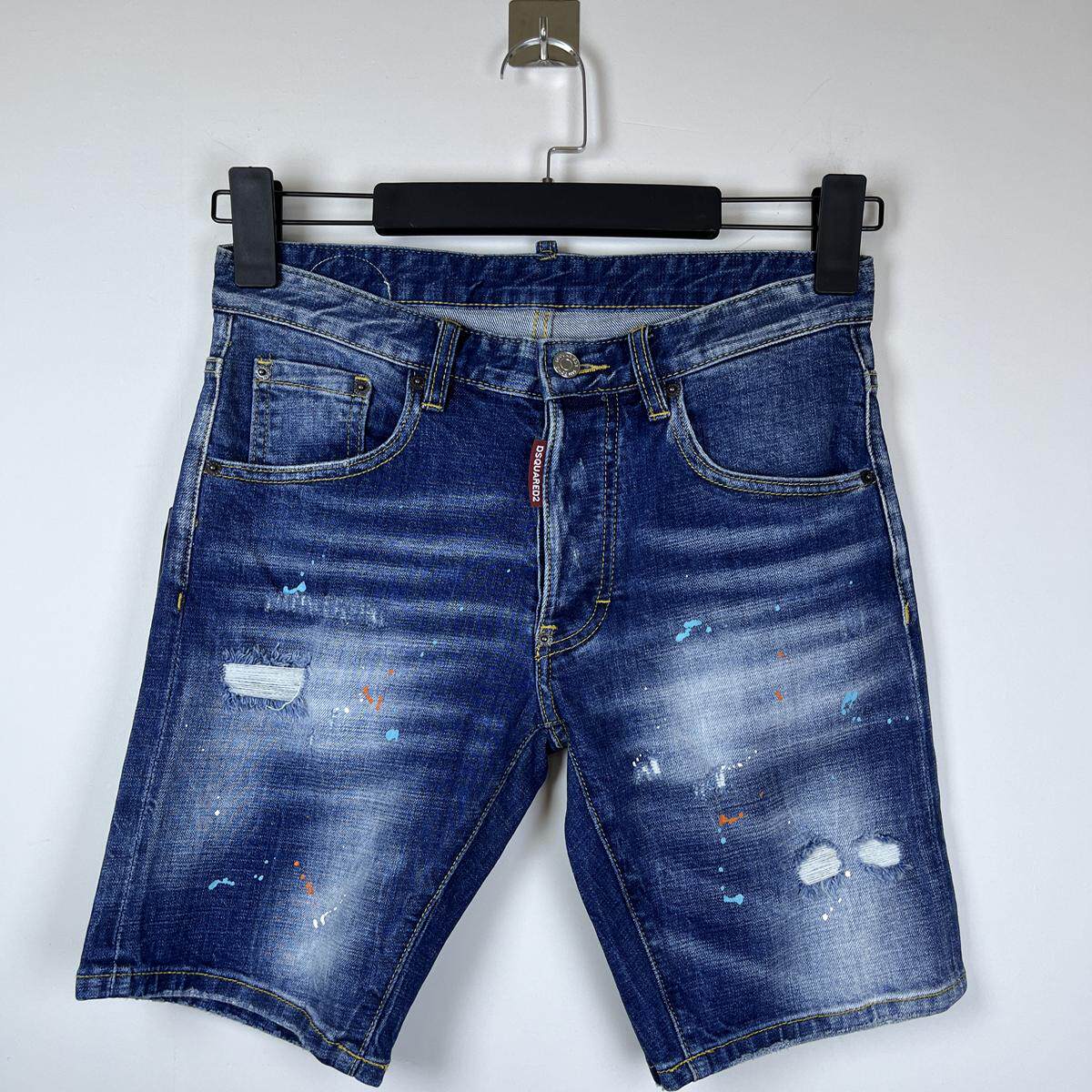 3004夏新款D2牛仔裤潮男五分裤水洗磨破洞补丁小脚蓝色牛仔短裤男