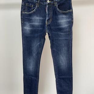 6040潮男枫叶刺绣磨破洞补丁油漆修身百搭小脚蓝色D2牛仔裤男