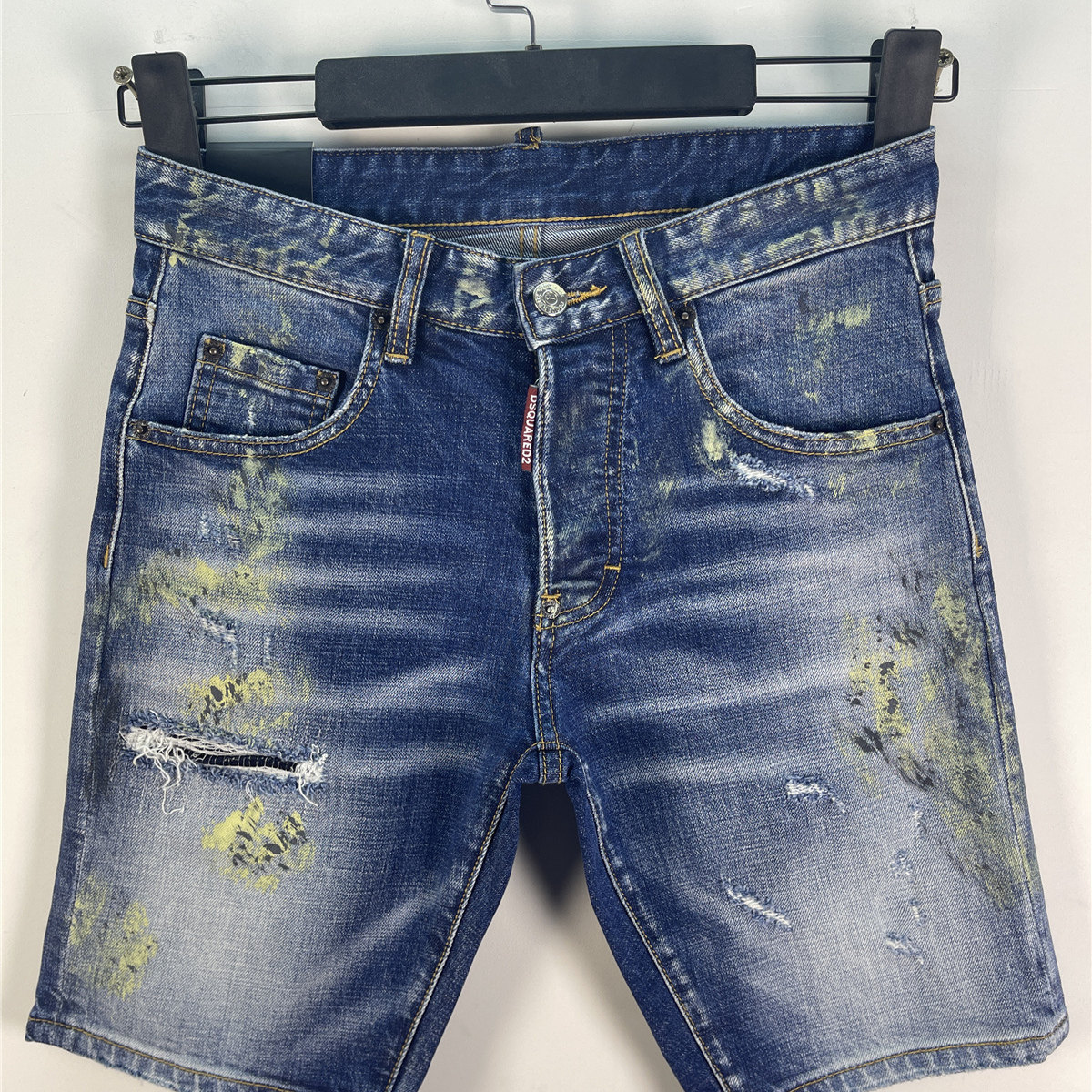 D609春夏新款D2潮男水洗磨破洞补丁泼墨修身蓝色牛仔短裤男五分裤