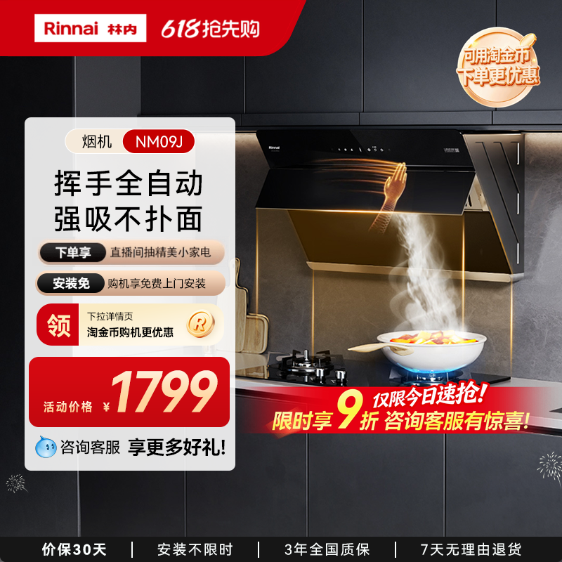 林内Rinnai抽吸油烟机家用大吸力挥手自清洁侧吸式NM09J