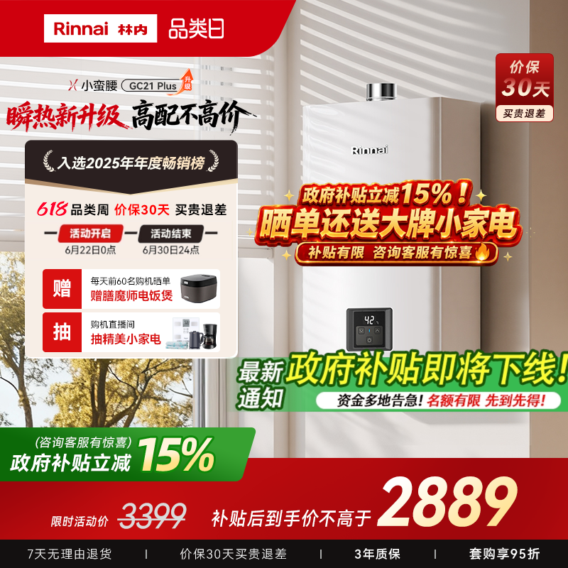 [小蛮腰Plus升级]林内燃气热水器家用天然气安全洗澡官方16升