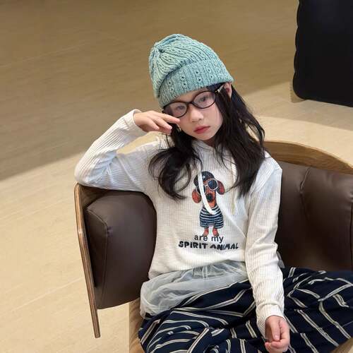 乔伊思童装女童T恤2026春季韩版卡通连帽修身打底衫儿童长袖上衣