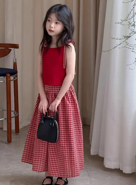 乔伊思童装女童红色裙子套装夏季2026新款潮甜辣风长裙连衣裙格子