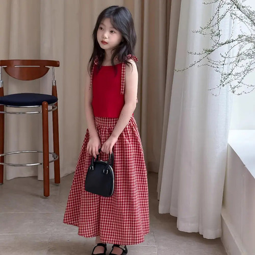 乔伊思女童红色裙子套装夏季格子