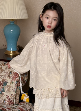 乔伊思童装女童长袖衬衫春季2025新款韩版儿童绣花娃娃领设计潮款
