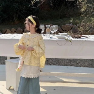 乔伊思童装女童衬衫春秋款韩版花边领泡泡袖儿童休闲宽松碎花上衣