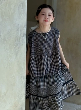 乔伊思童装女童套装裙子2025夏季新款儿童民族风格子两件套拼接裙