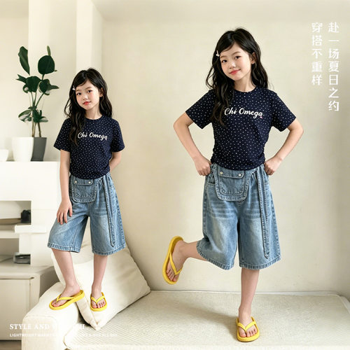 乔伊思童装夏季时髦洋气t中大童女孩字母T恤挎包牛仔中裤两件套装