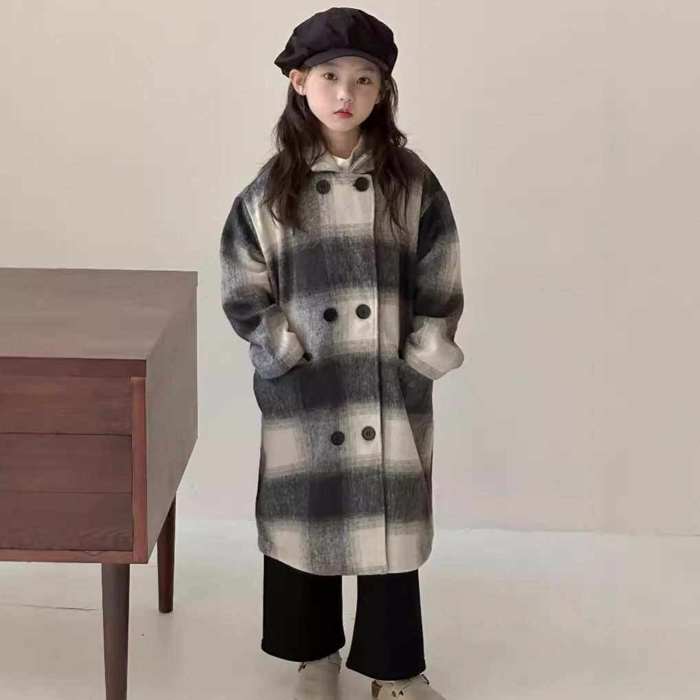 乔伊思童装冬韩版女童格子翻领长款呢大衣中性风儿童宽松毛呢外套