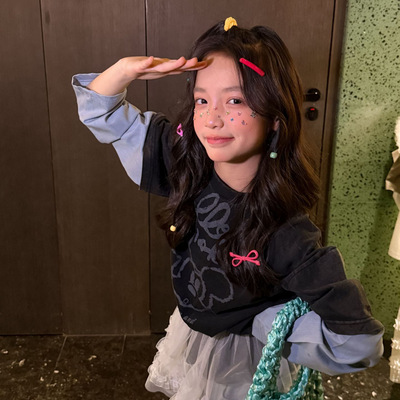 乔伊思童装s2026春款 韩版男女儿童装 黑色做旧宽松长袖假两件T恤
